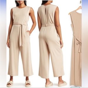 Max Studio French Terry belted sleeveless cropped Jumpsuit beige/taupe Sz XL NWT